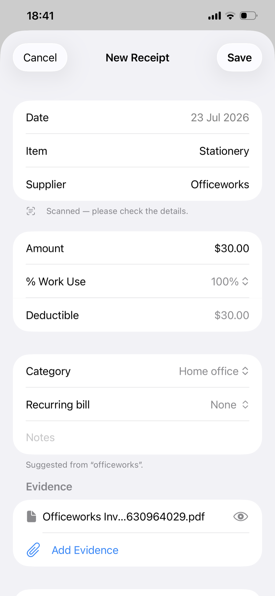 A scanned receipt with its supplier, amount and date filled in automatically