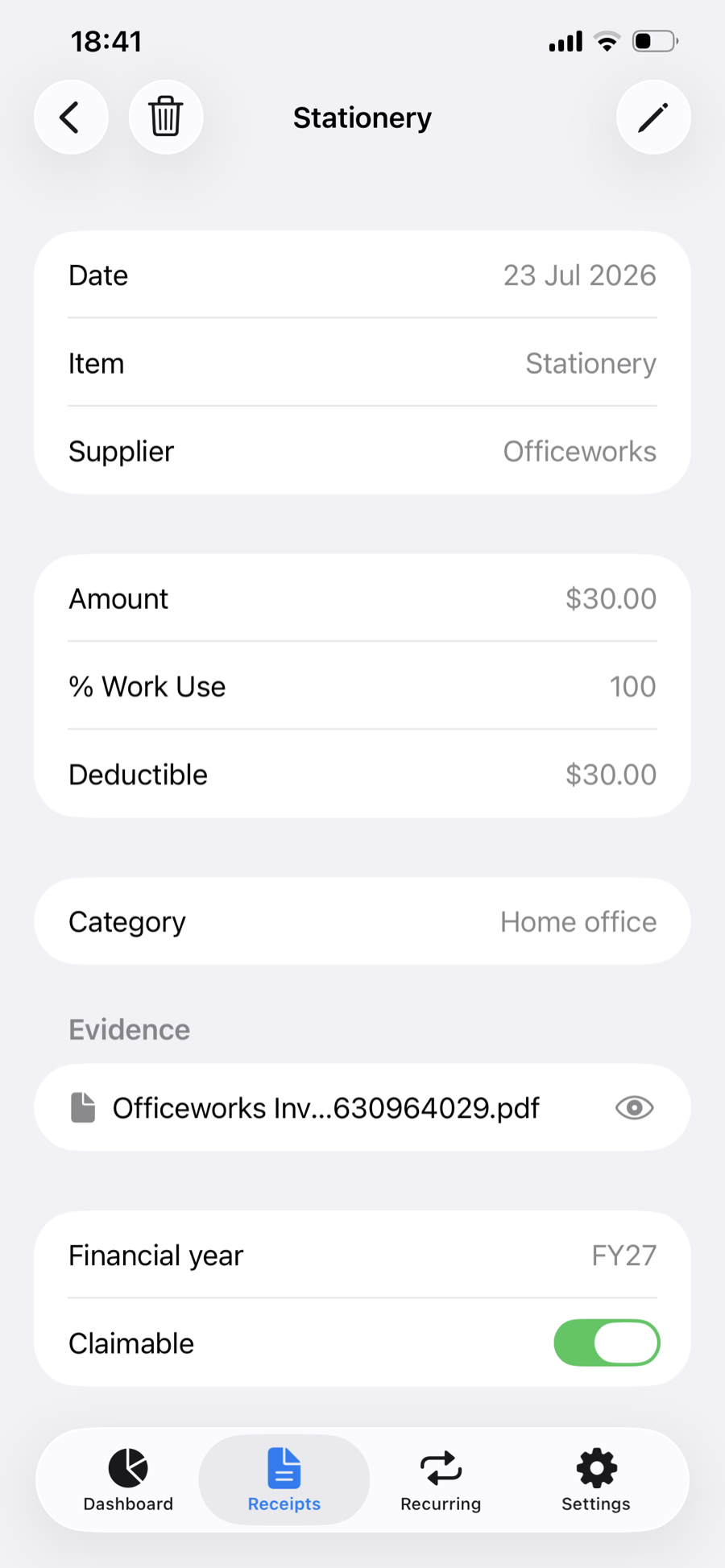 A receipt with its category, work-use percentage and deductible amount