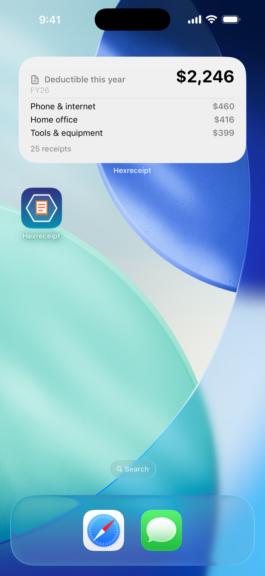 The Hexreceipt Home Screen widget showing the financial-year deductible total and top categories